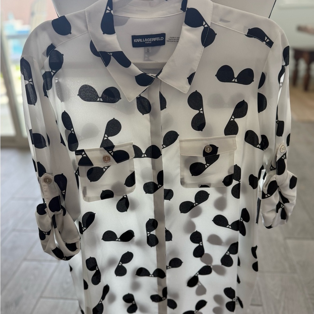 Karl Lagerfeld Black and White 3/4 Sleeve Button Down Shirt